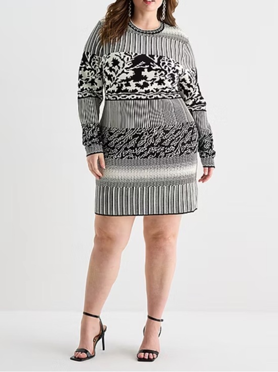 Ashley Graham Dresses & Skirts - Ashley Graham Black and White Geometric Knit Sweater Dress, 1X